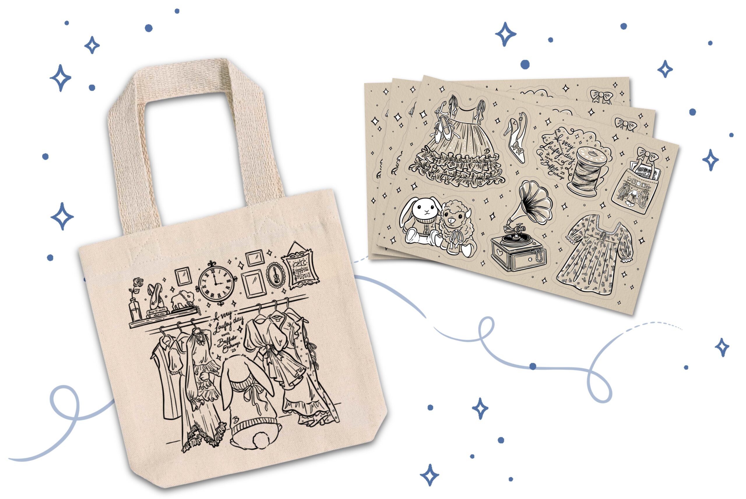 Exclusive A Very Laufey Day x Buffalo Exchange mini tote and sticker sheet