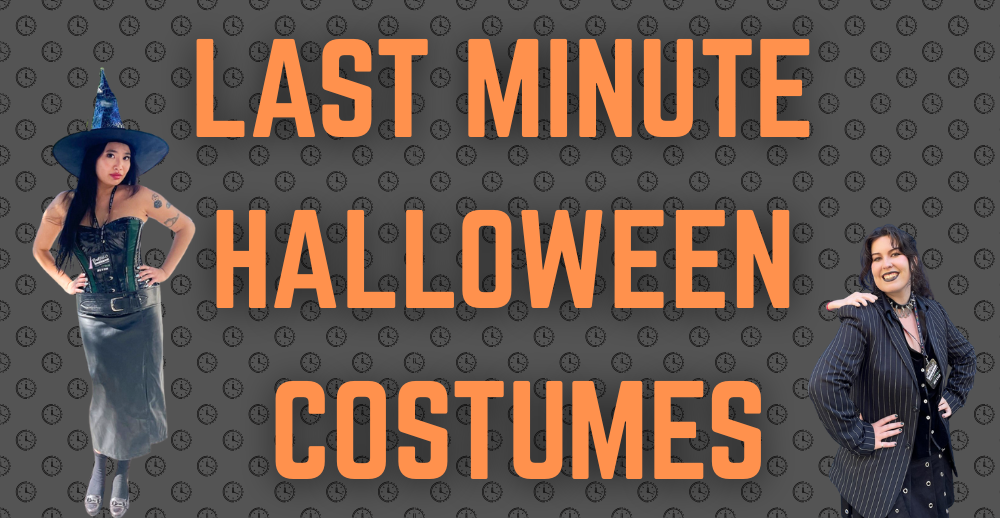 Orange text on clock pattern background with employees in costumes on either side.