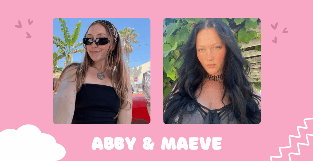 Photos of Buffalo Exchange employees Abby and Maeve on a pink background with doodles