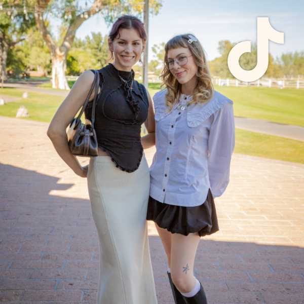 Two people with alt style wearing minimalist outfits of contrasting black and white tops and skirts with ruffle details, TikTok logo overlay at top right. Two people with alt style wearing minimalist outfits of contrasting black and white tops and skirts with ruffle details, TikTok logo overlay at top right.